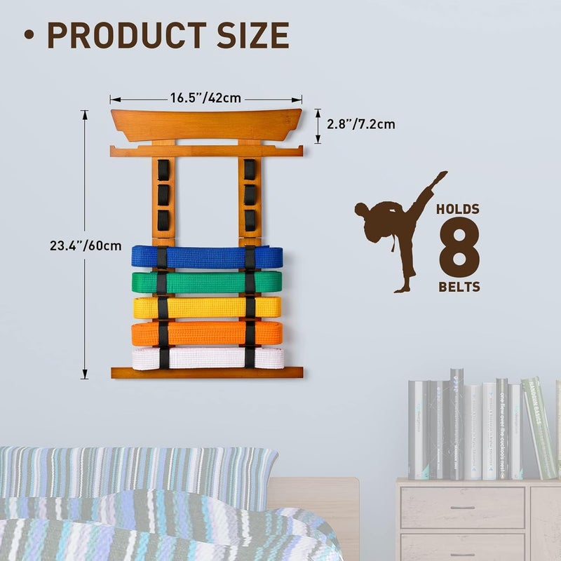 Tilhumt 8 Belt Karate Belt Display Rack with Medal Hanger and Stickers, Taekwondo Belt Display Holder, Martial Arts Belt Display Organizer for Adults, No Assembly Required (Bamboo/Acrylic) - Image 2